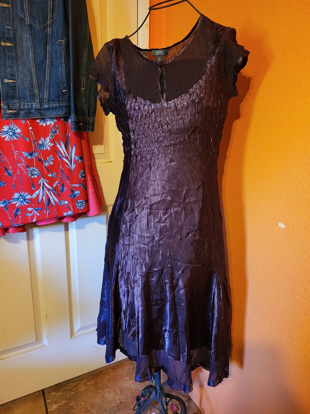 dressbarn Purple Short-Sleeve Crinkle Satin Midi Dress